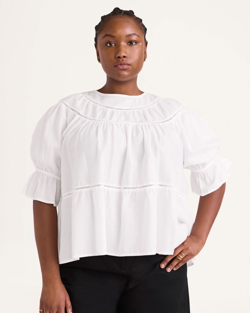 Front of a model wearing a size XXL Sol Top in White by Merlette. | dia_product_style_image_id:319718